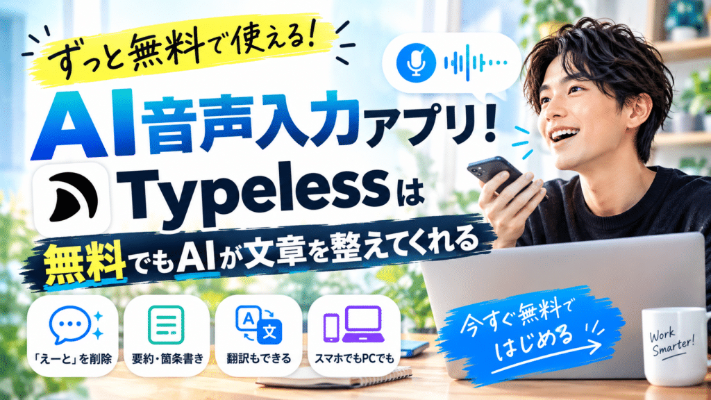 ずっと無料で使えるAI音声入力アプリ！Typelessは無料でもAIが文章を整えてくれる